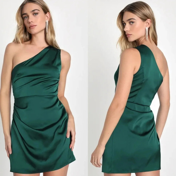 Lulus Dresses & Skirts - Lulu's Love Me Tonight Emerald Green Satin One-Shoulder Mini Dress L Party Prom
